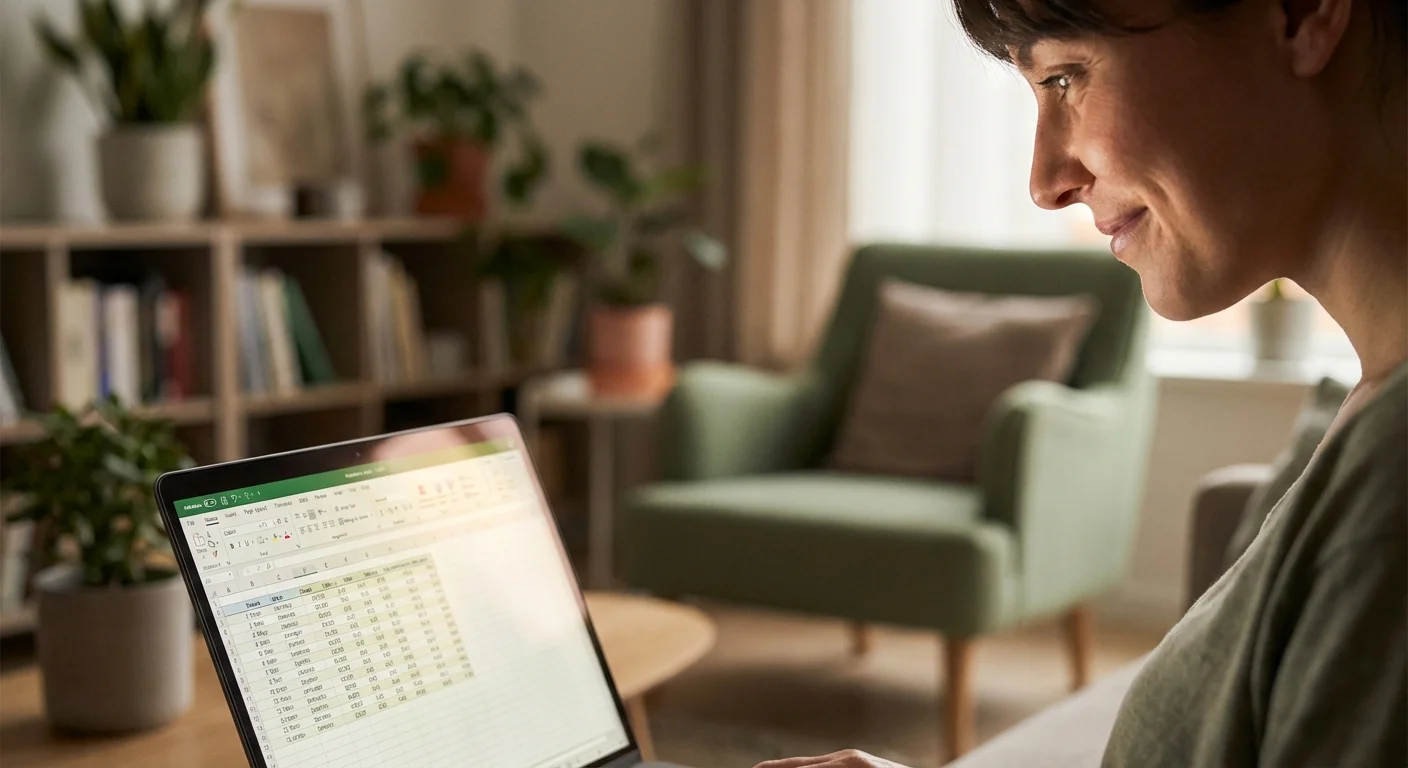 A person smiling while looking at their laptop screen, representing a successful budget setup.