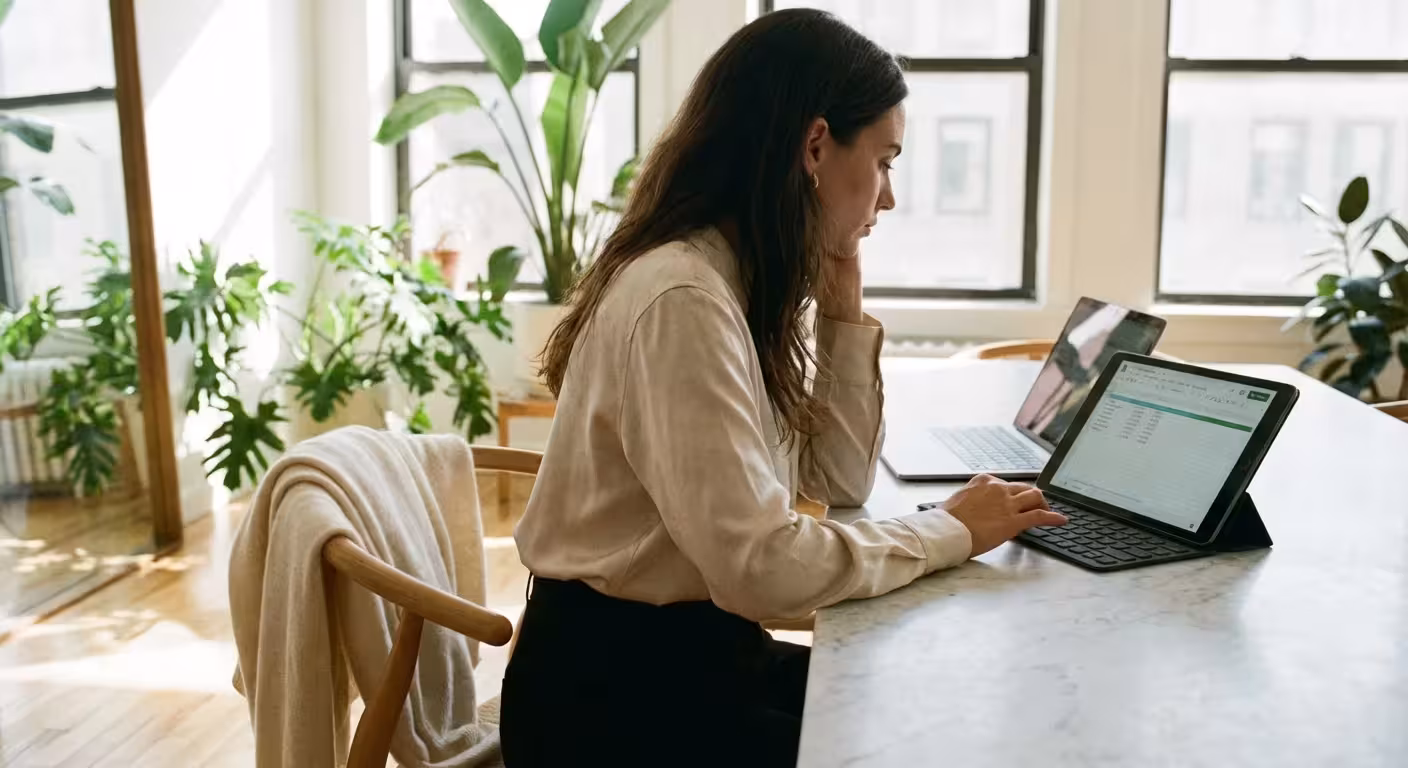 A person reviewing finances at a marble table with a high-quality cashmere sweater nearby.