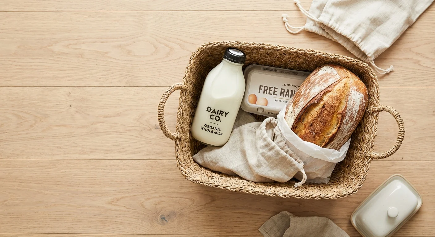 Top-down view of a grocery basket with milk, eggs, and bread on a wooden floor.