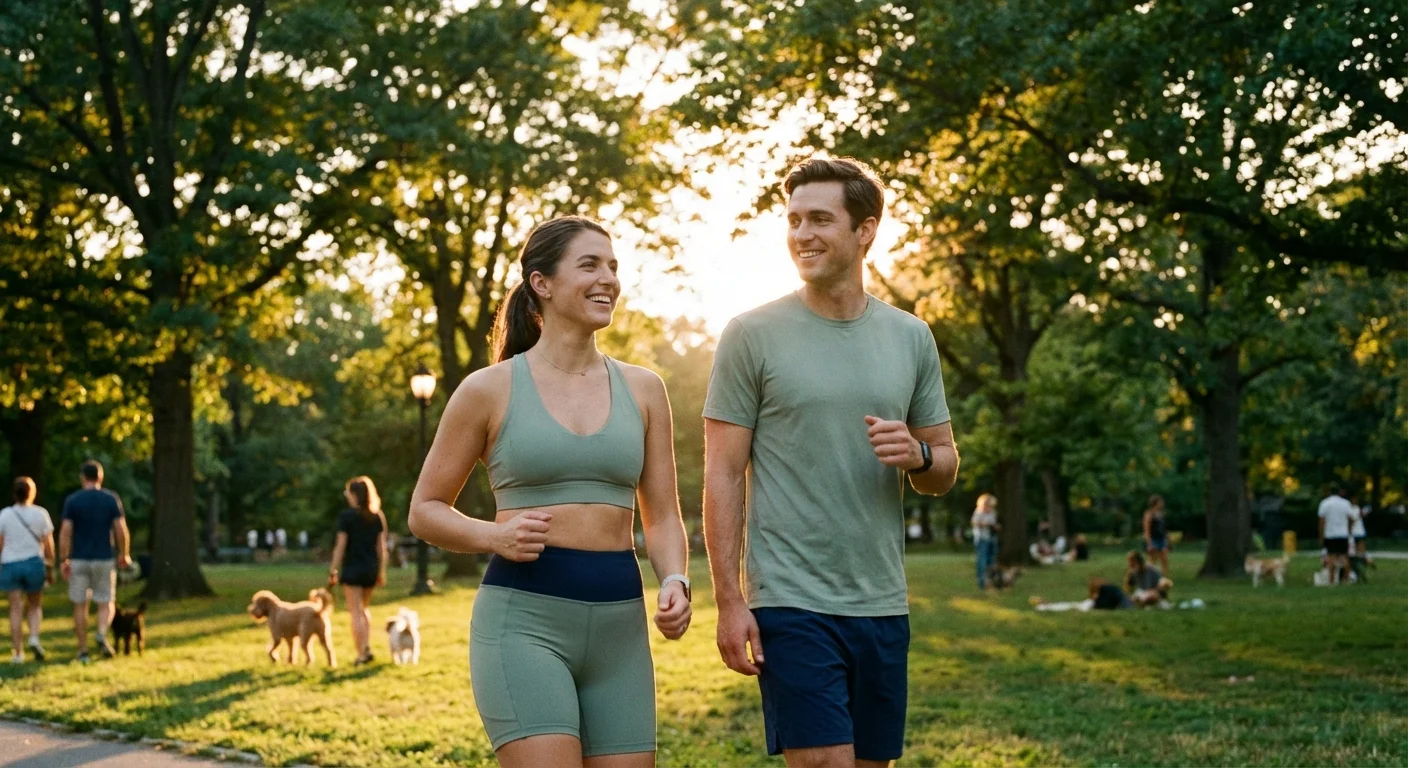 A couple exercising together in a beautiful public park at sunset.