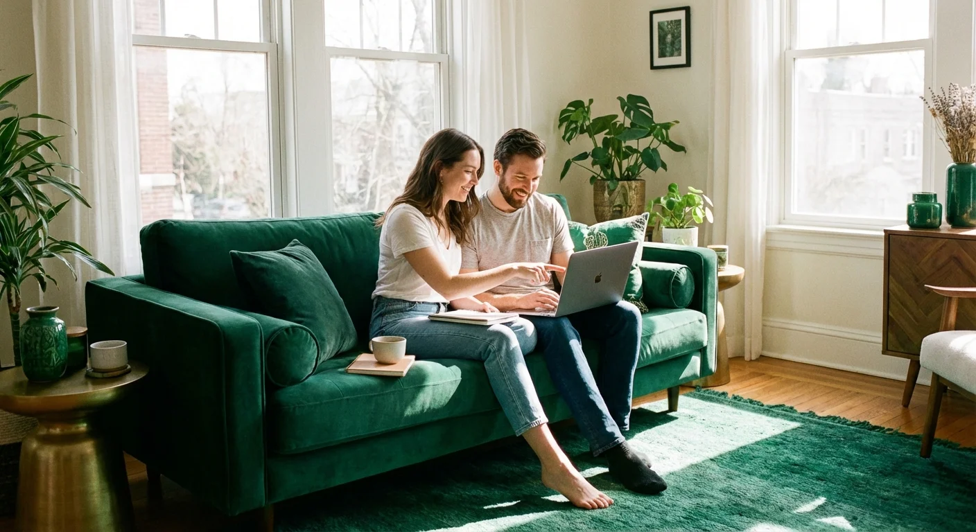 A couple looking at a laptop together, celebrating their savings.