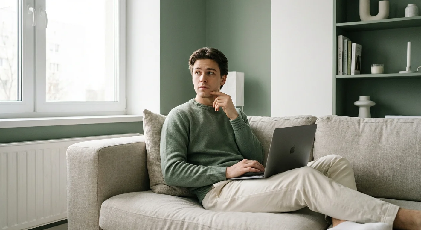 A man using a laptop in a modern living room, looking thoughtful.