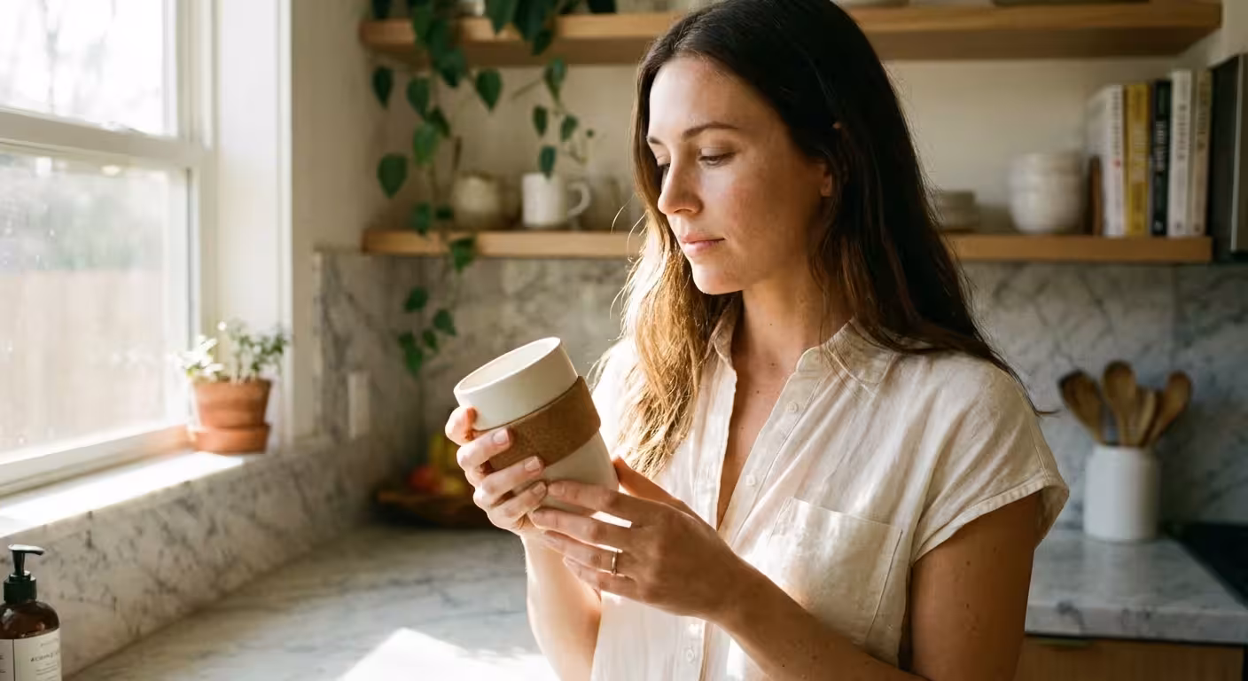 Close-up of a person holding a reusable cup in a bright, modern kitchen.