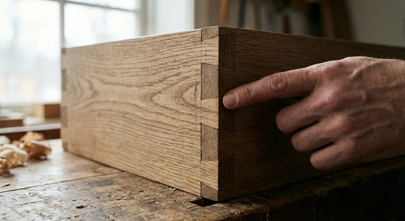 A close-up shot of a hand inspecting the dovetail joints of a wooden dresser drawer.