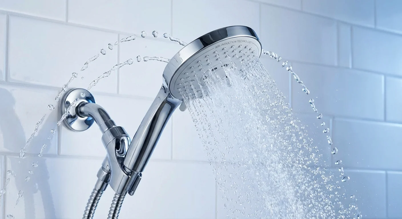 A modern high-efficiency showerhead with a powerful, crisp water spray.