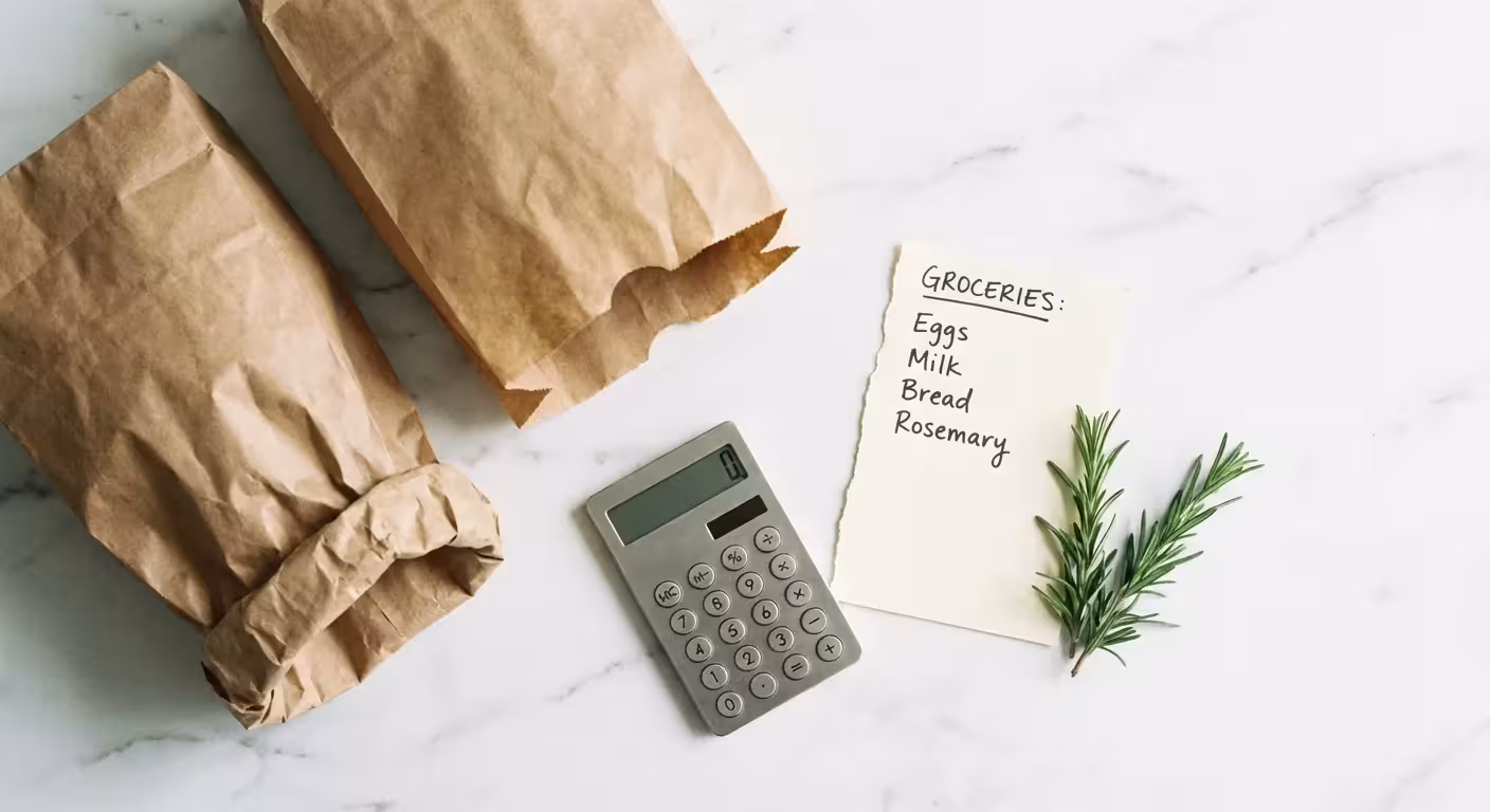 Flat lay of grocery bags, a calculator, and a shopping list on a marble surface.