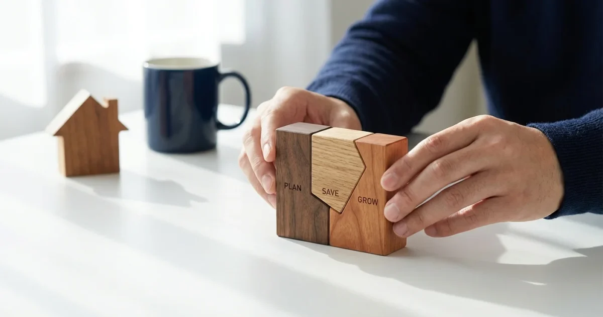 Hands holding interlocking wooden blocks labeled plan, save, and grow on a white table.