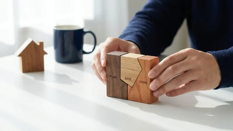 Hands holding interlocking wooden blocks labeled plan, save, and grow on a white table.