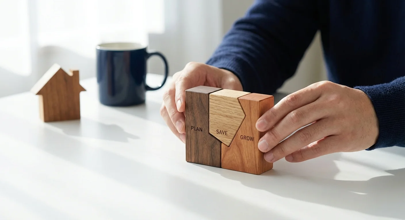 Hands holding interlocking wooden blocks labeled plan, save, and grow on a white table.