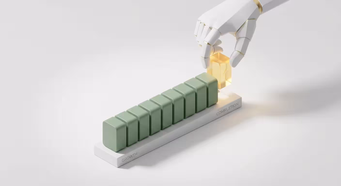 3D render of a hand completing a sequence of twelve financial blocks.