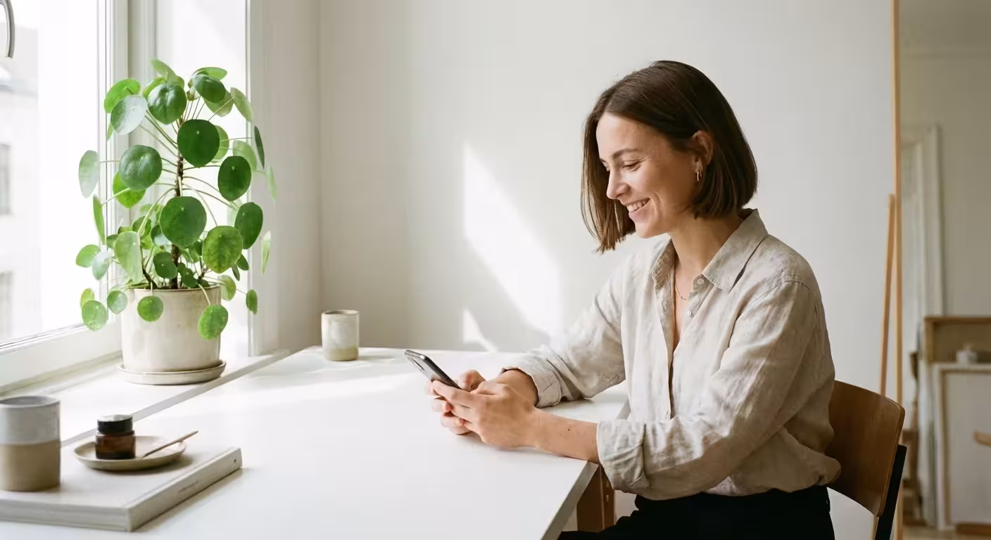 A person using a smartphone at a clean, minimalist white desk in a bright room.